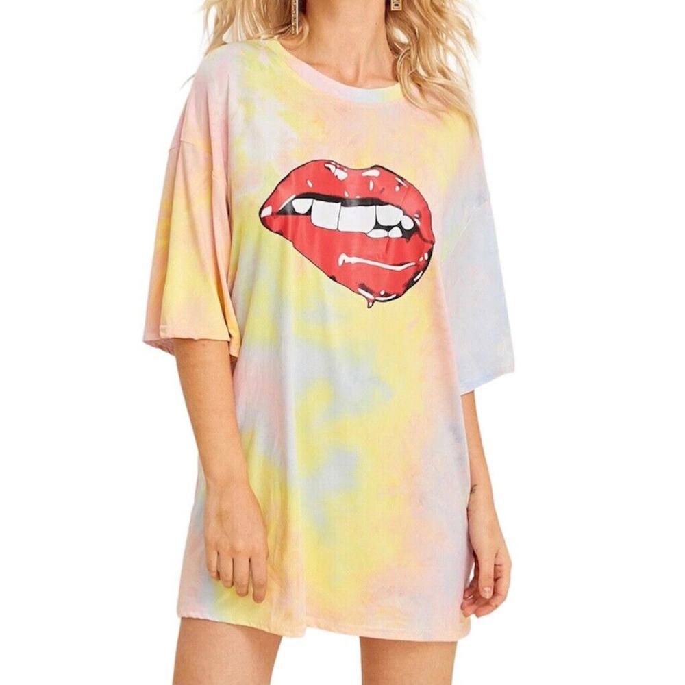 Shein Lips Graphic T-Shirt Dress Women Large Tie Dye